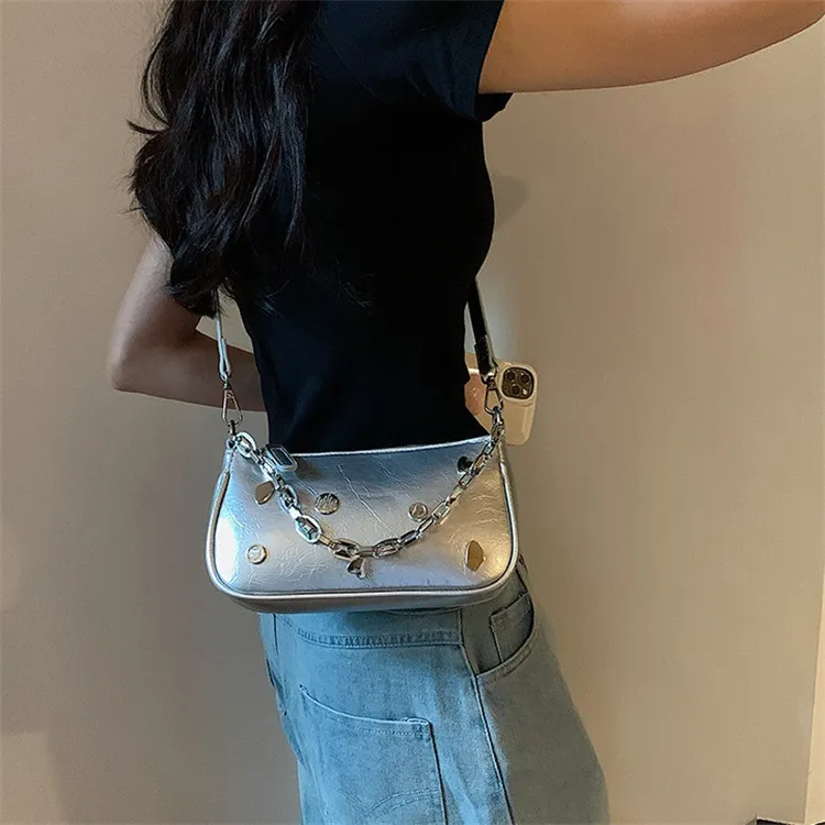 NOMK PU Shoulder Bag, Baguette Bag, Small Square Bag, Shoulder Bag, Crossbody Bag Regular Women's Silver-7