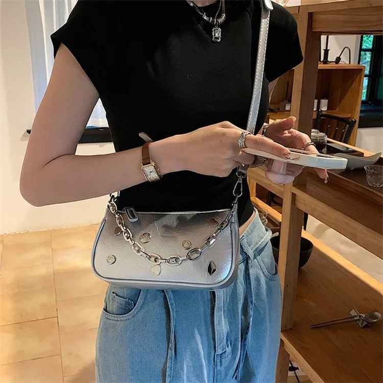 NOMK PU Shoulder Bag, Baguette Bag, Small Square Bag, Shoulder Bag, Crossbody Bag Regular Women's Silver-3