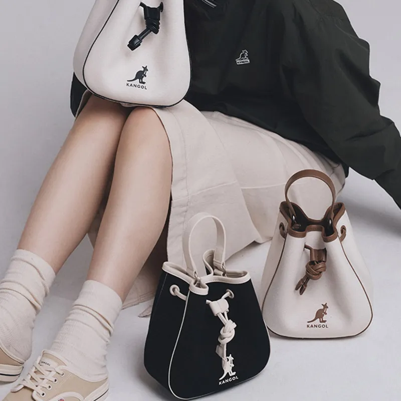 KANGOL Canvas With Leather Bucket Bag Canvas Bag Shoulder Bag Crossbody Bag Handbag Regular Unisex Black-3