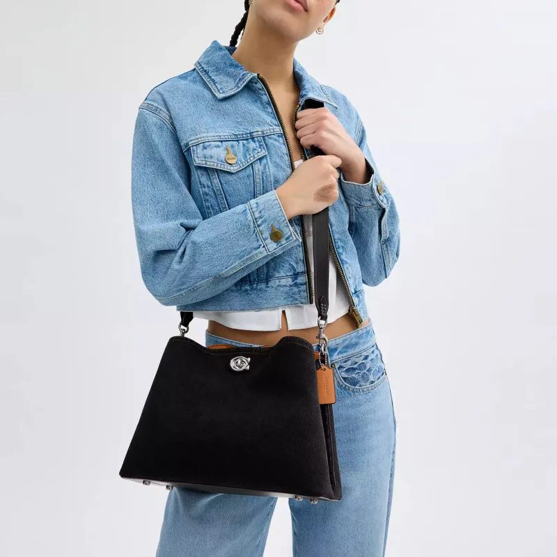 COACH Willow Denim With Calfskin Handbag, Shoulder Bag Tubas Women's Black-4