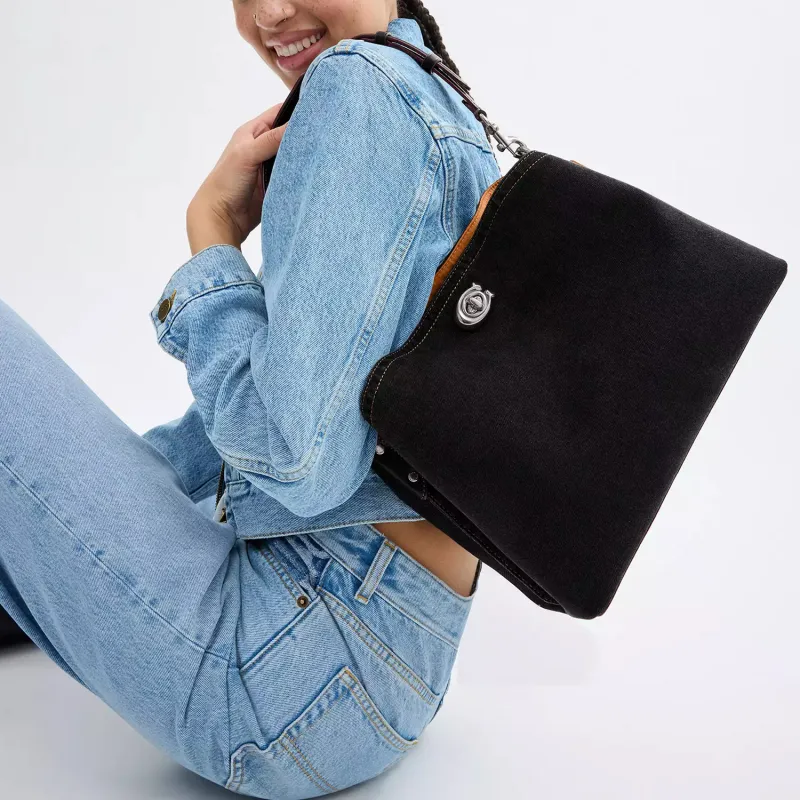 COACH Willow Denim With Calfskin Handbag, Shoulder Bag Tubas Women's Black-5