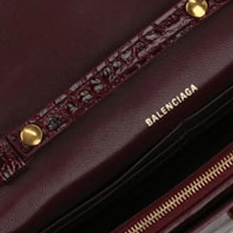 Balenciaga Hourglass Crocodile Embossed Leather Shoulder Bag Crossbody Bag Wallet Women's Burgundy-4