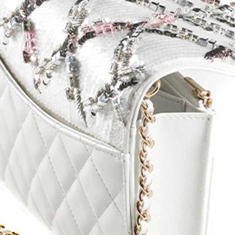 CHANEL Embroidered Silk Satin Sequins And Gold Metal Crossbody Bag Women's White-4