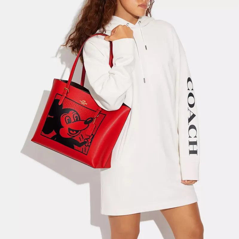 COACH Disney X Keith Haring Mollie Double Sided Leather And Smooth Pebbled Leather Tote Bag, Shoulder Bag Women's Red-3