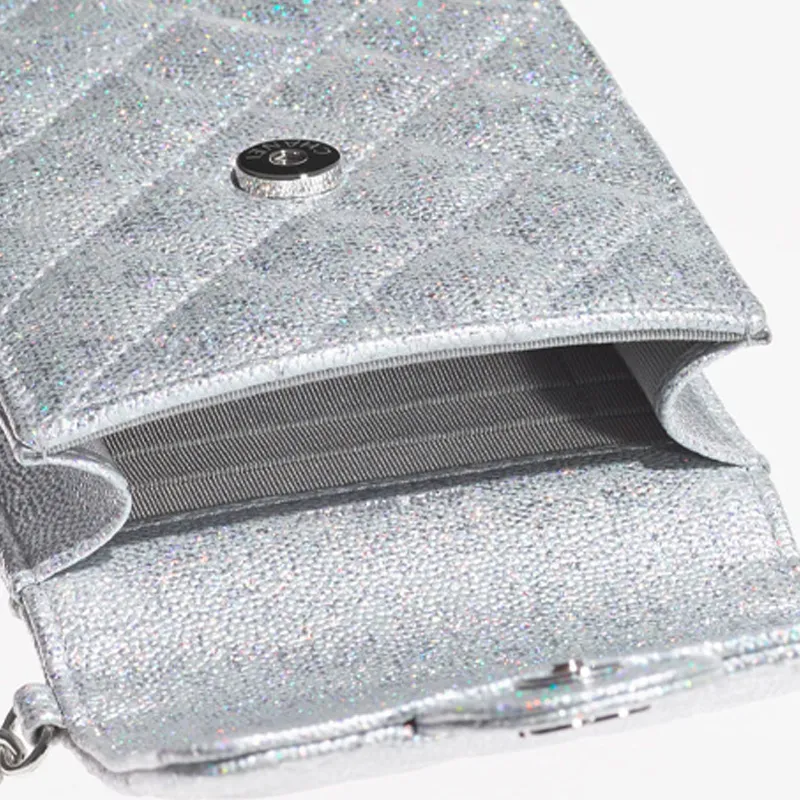 CHANEL 21K Winter Shimmery Metal Texture Grain Calfskin Shoulder Bag, Crossbody Bag Women's Silver-3