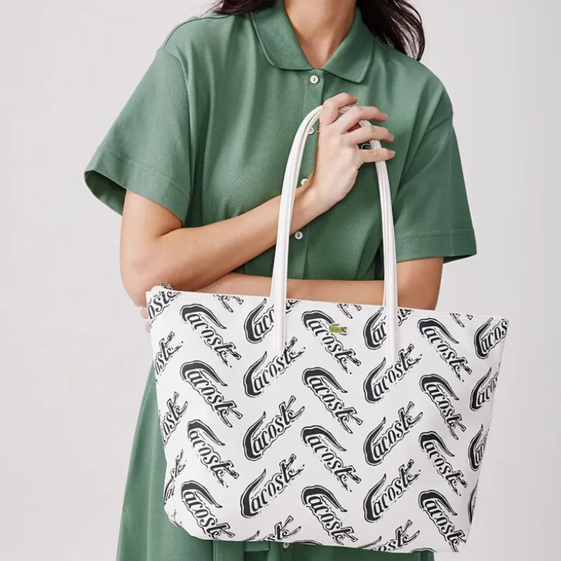 LACOSTE PVC Tote Bag Shopping Bag Shoulder Bag Handbag Medium Size Women's Ecru & Dark Green-3