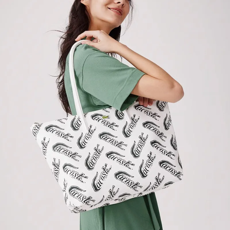 LACOSTE PVC Tote Bag Shopping Bag Shoulder Bag Handbag Medium Size Women's Ecru & Dark Green-4
