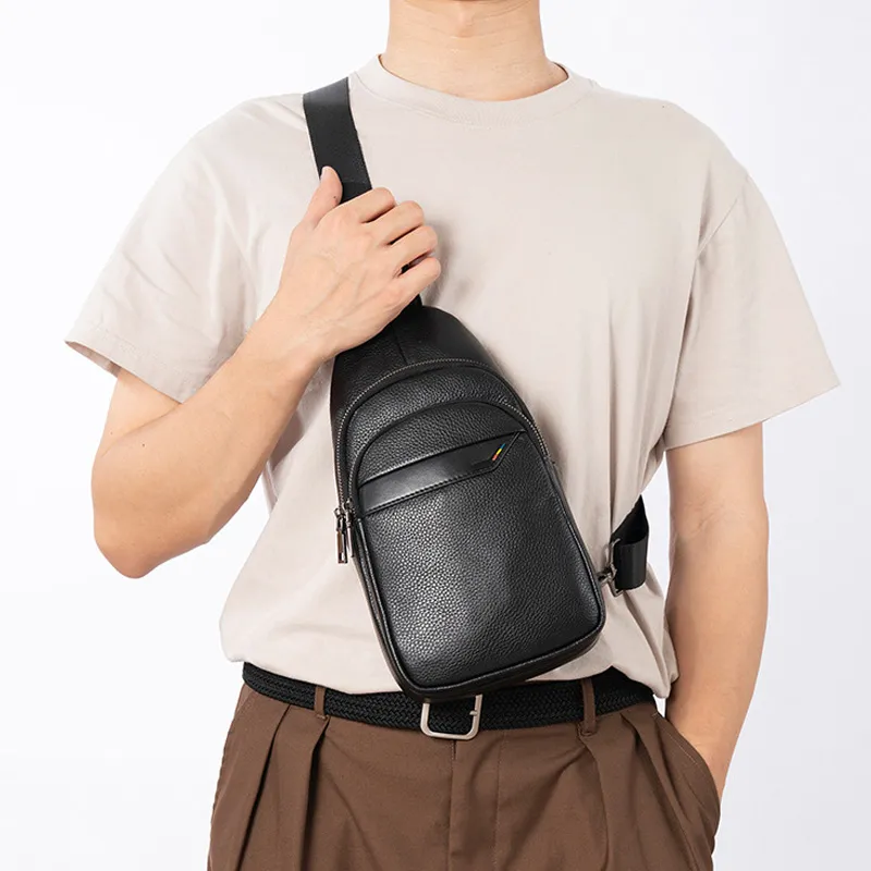 DOSRFINI Cow Leather Sling Bag Medium Size Men's Black-4