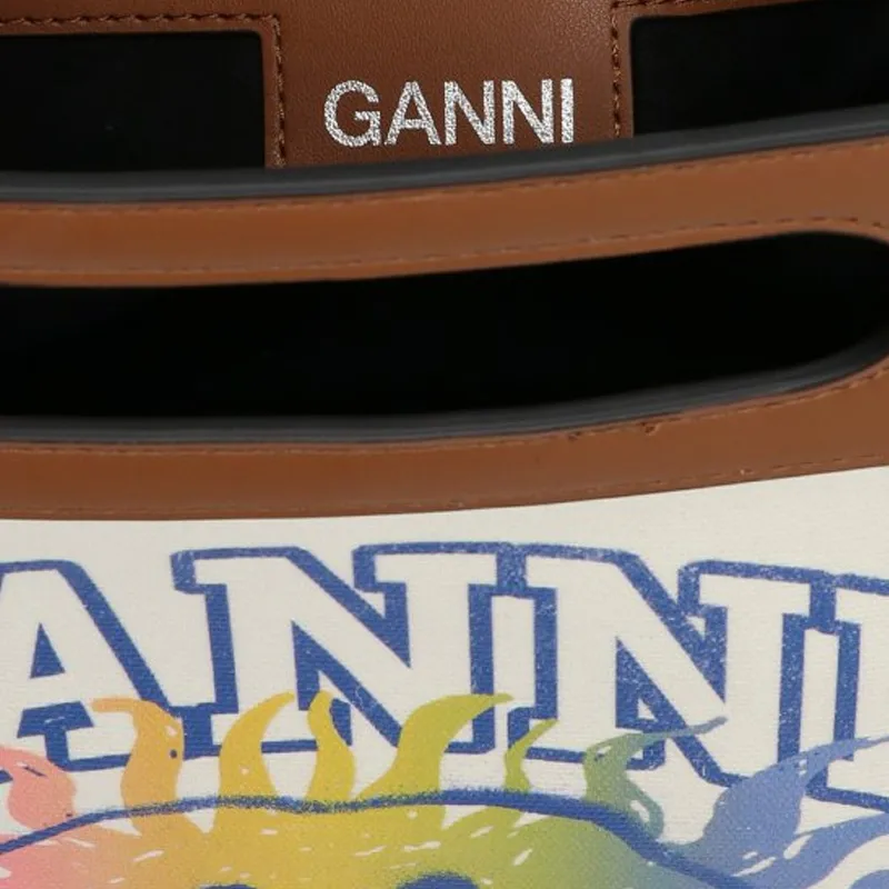 GANNI Canvas With Leather Tote Bag, Shopping Bag, Shoulder Bag, Crossbody Bag, Handbag Trumpets Women's Light Umber-2