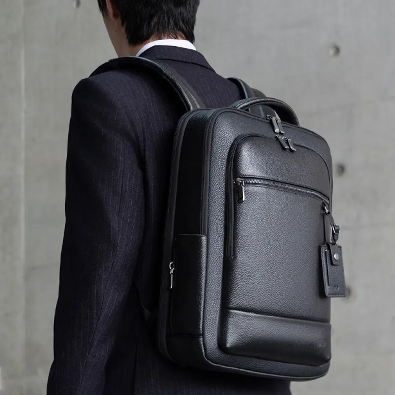 HLA Top Grain Cow Leather Laptop Bag Backpack Regular Men's Classic Black-3