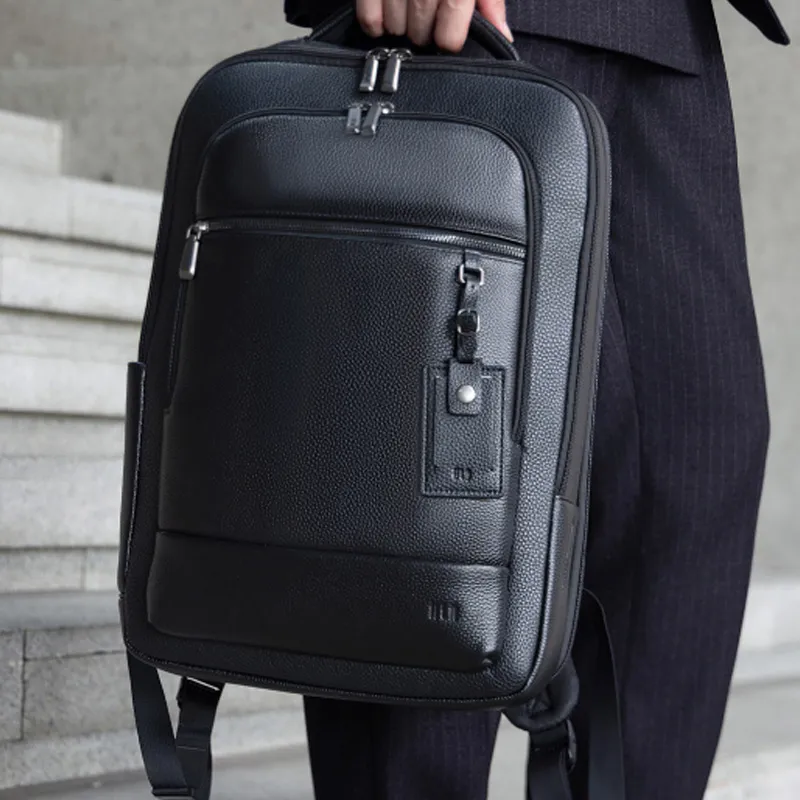 HLA Top Grain Cow Leather Laptop Bag Backpack Regular Men's Classic Black-4