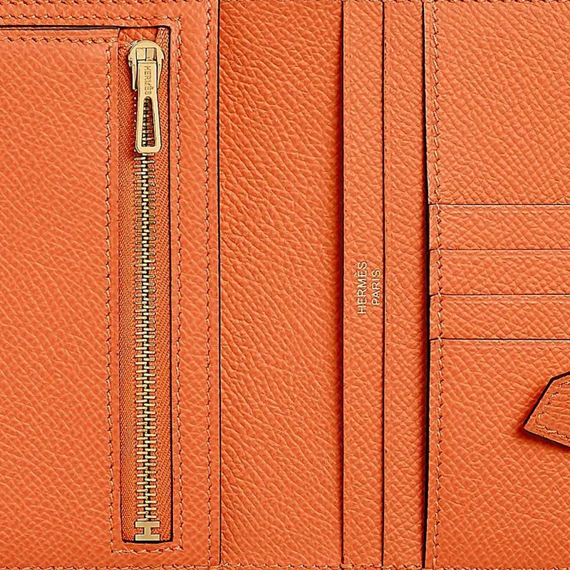 HERMES Bearn Epsom Leather Wallet Regular Women's 93 Orange Hermes Orange/Orange-3