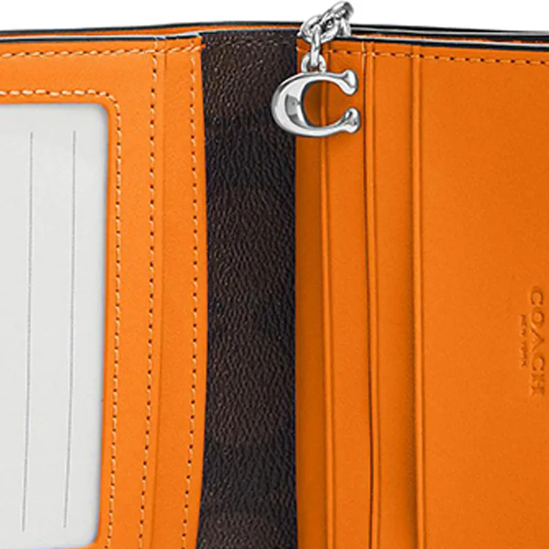 COACH Snap Wallet Pebbled Leather With Canvas Accents Coin Purses Wallets Women's Bright Orange-4