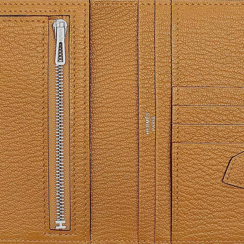 HERMES Bearn Mysore Goat Skin Card Holder, Wallet Regular Unisex 28 Caramel-3
