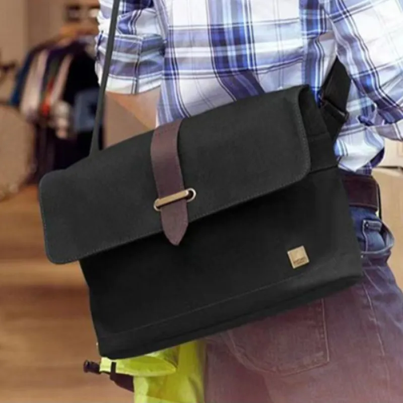 KNOMO Cotton With Cow Leather Messenger Bag, Shoulder Bag, Crossbody Bag Unisex Black-2