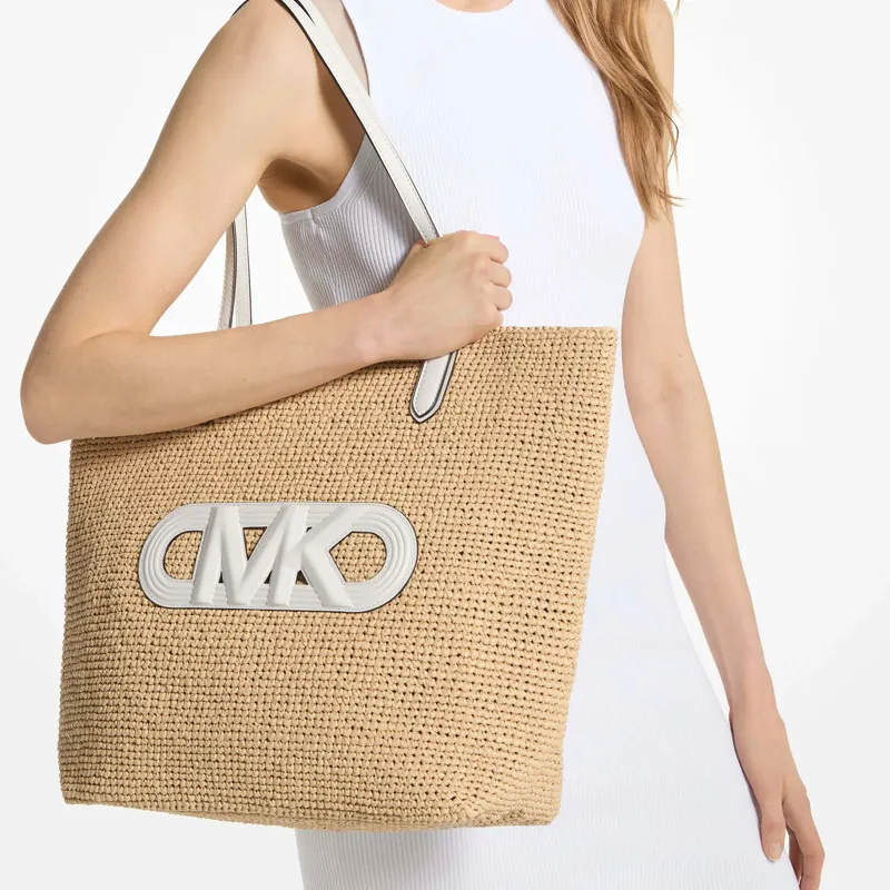 MICHAEL KORS Eliza Series Straw Tote Bag, Shopping Bag, Handbag, Shoulder Bag Extra Large Women's Natural & White-4