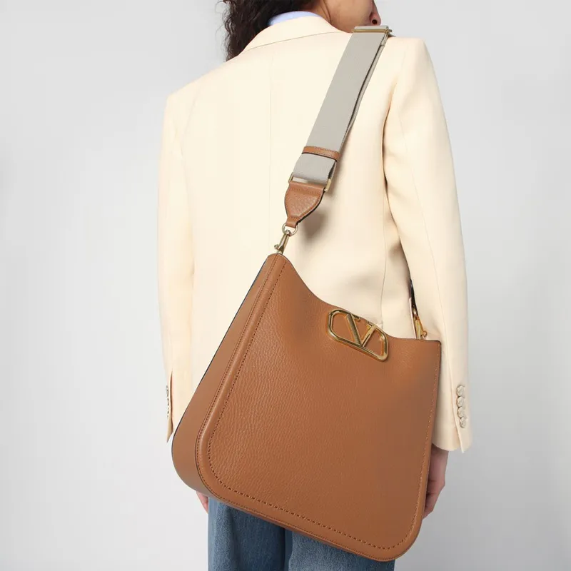 Valentino ALLTIME Calfskin Shoulder Bag Women's Almond Beige Brown-4