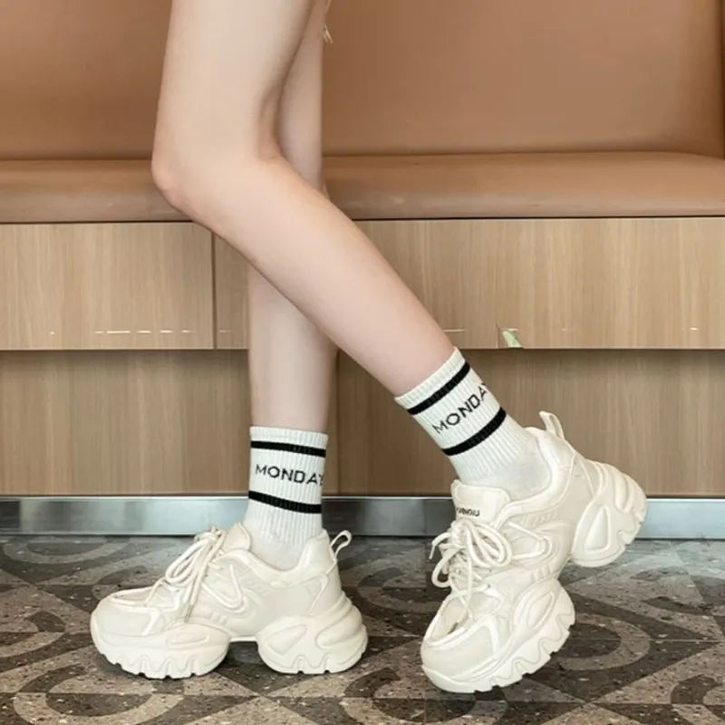 HUANQIU Cushioned Anti-Slip Wear-Resistant Lightweight Height Increasing Low-Top Chunky Sneakers Women's Ecru-15