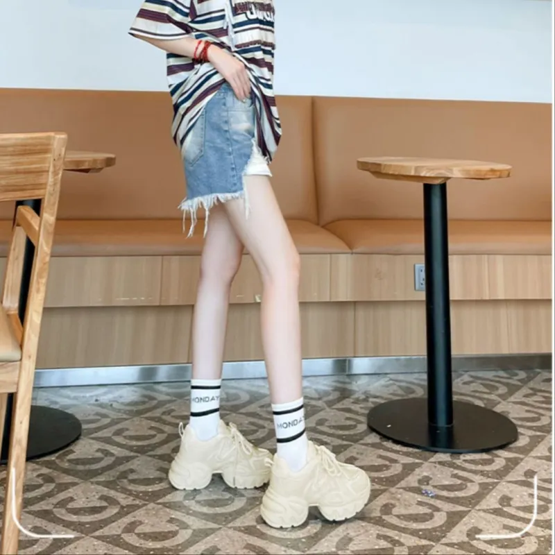HUANQIU Cushioned Anti-Slip Wear-Resistant Lightweight Height Increasing Low-Top Chunky Sneakers Women's Ecru-16