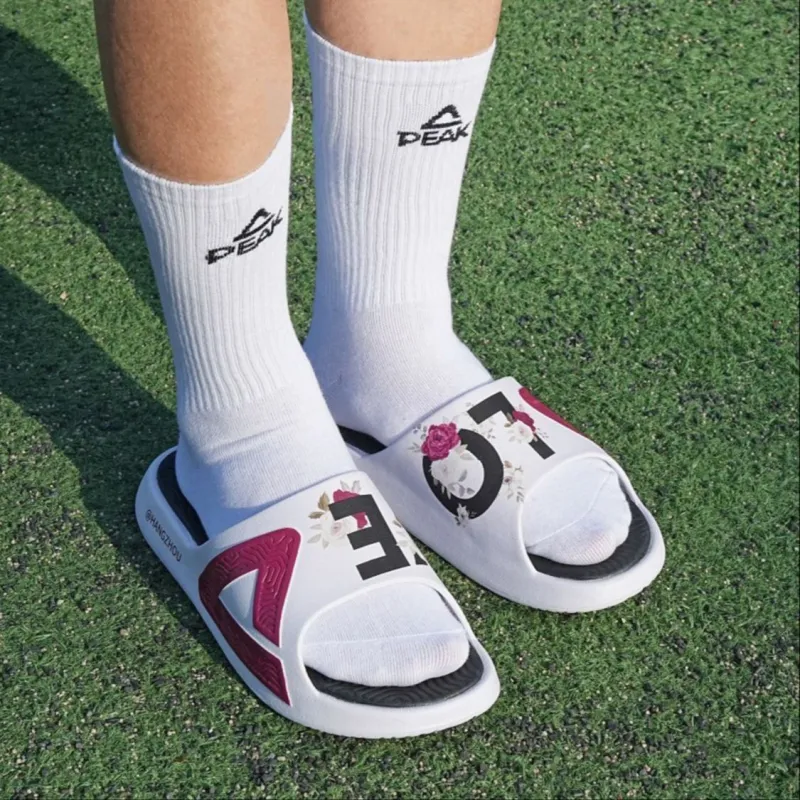 PEAK State Pole Guochuang Slippers Totem Graffiti Slip Resistant Slide Slippers Unisex All White Dark Red-16