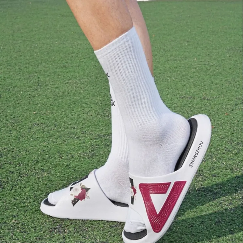 PEAK State Pole Guochuang Slippers Totem Graffiti Slip Resistant Slide Slippers Unisex All White Dark Red-8