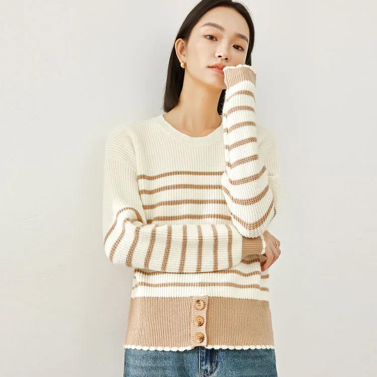 VIMLY Knitwear Women's Apricot Base With Khaki Stripes-1