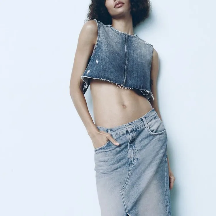 ZARA Crop Tops Women's Blue-2
