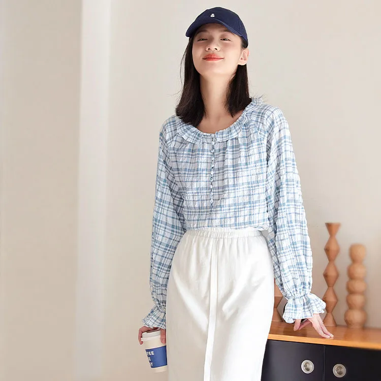 【dme】 Shirt Women's Blue Plaid Pattern Color-1