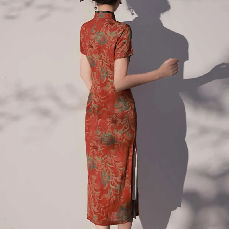 Red Colored Clothes Cheongsam Women's Round Collar 'Flowers Bloom Wealth'-1
