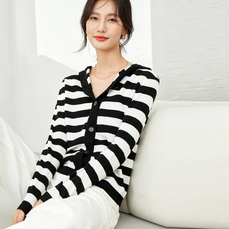VIMLY Sweater Women's Black White Stripes-1