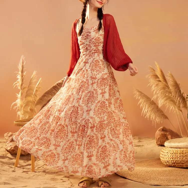 ZIHAN Skirt Set Women's Beige Base With Red Flowers-4