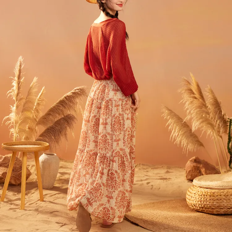 ZIHAN Skirt Set Women's Beige Base With Red Flowers-1