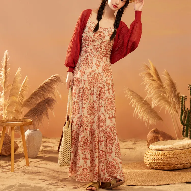 ZIHAN Skirt Set Women's Beige Base With Red Flowers-2