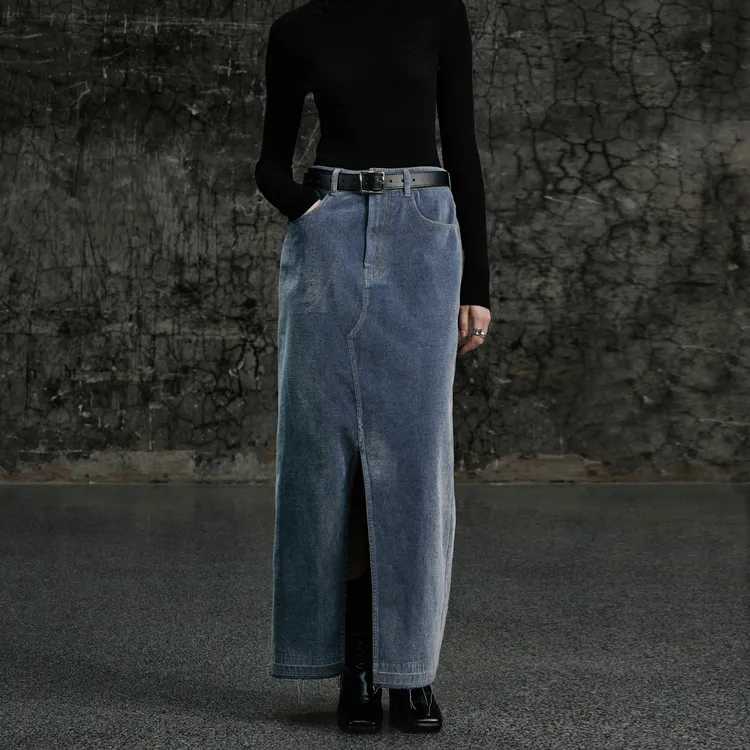 Half Circle Denim Long Skirts Women's Denim Blue-3