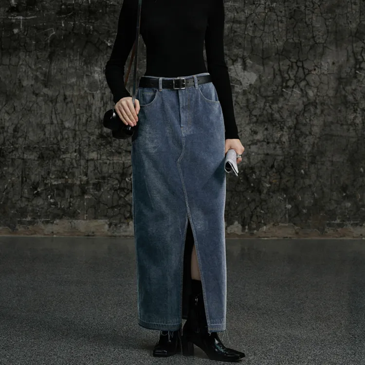 Half Circle Denim Long Skirts Women's Denim Blue-2