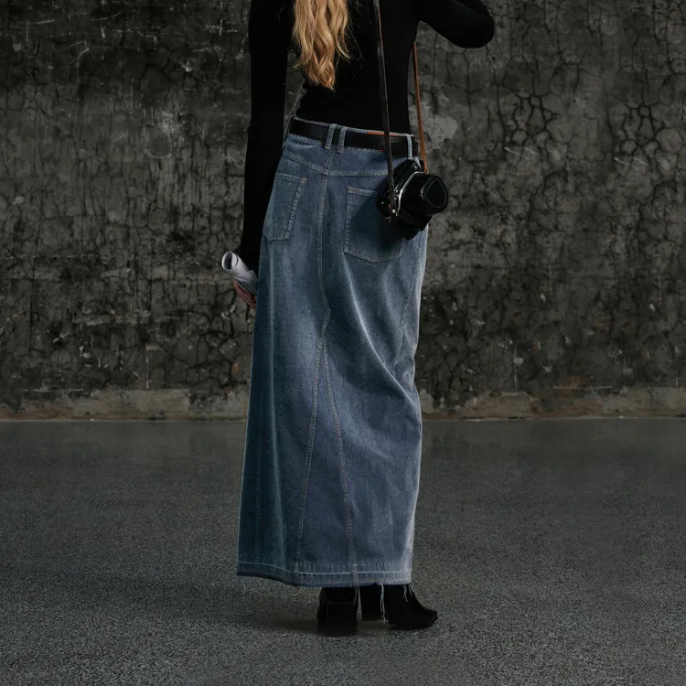 Half Circle Denim Long Skirts Women's Denim Blue-4