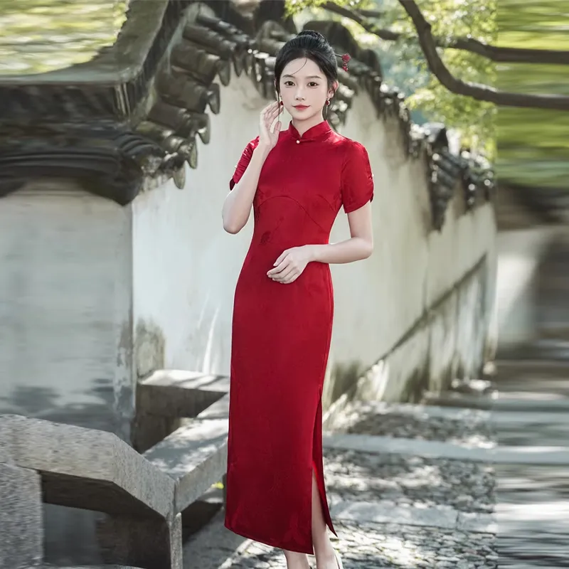 Red Colored Clothes Cheongsam Women's Red-2