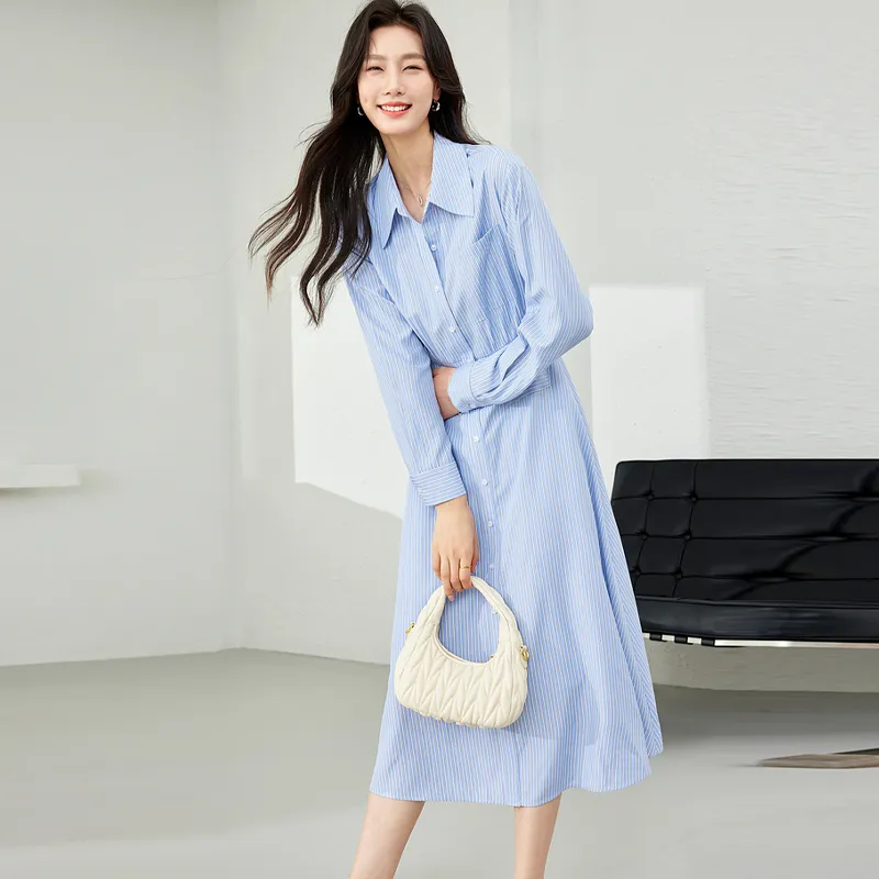 VIMLY Long Sleeved Dresses Women's Light Blue Stripes-1