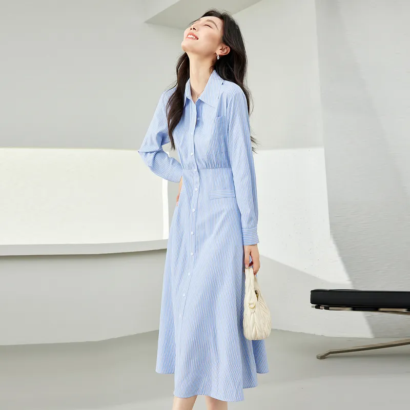 VIMLY Long Sleeved Dresses Women's Light Blue Stripes-3