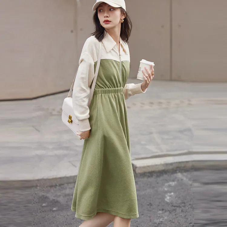 【dme】 Long Sleeved Dresses Women's Gray Pea Green-2