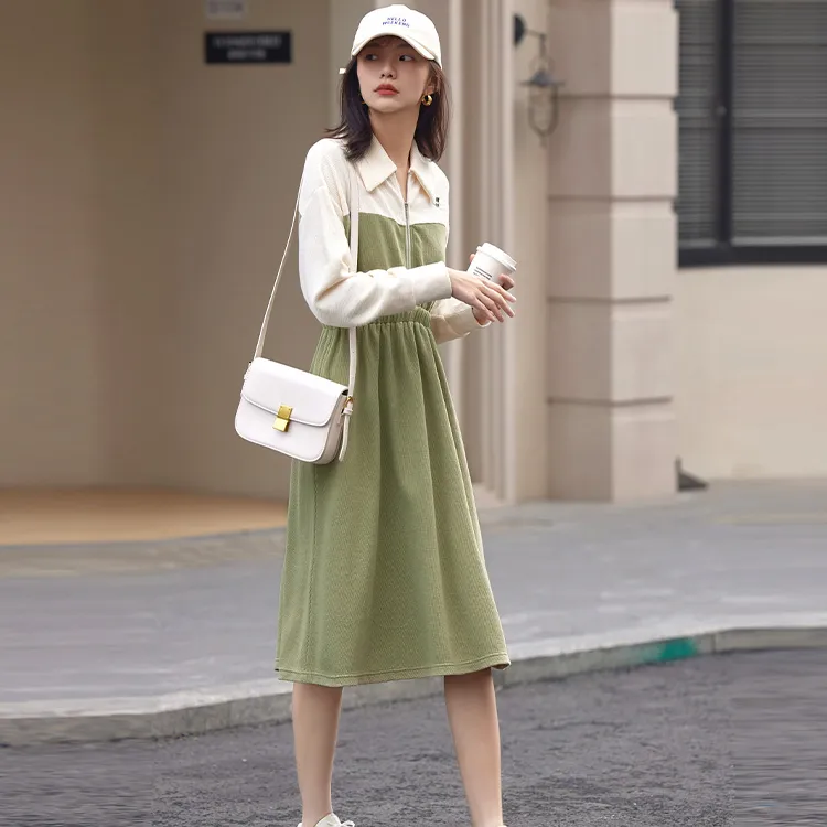 【dme】 Long Sleeved Dresses Women's Gray Pea Green-1
