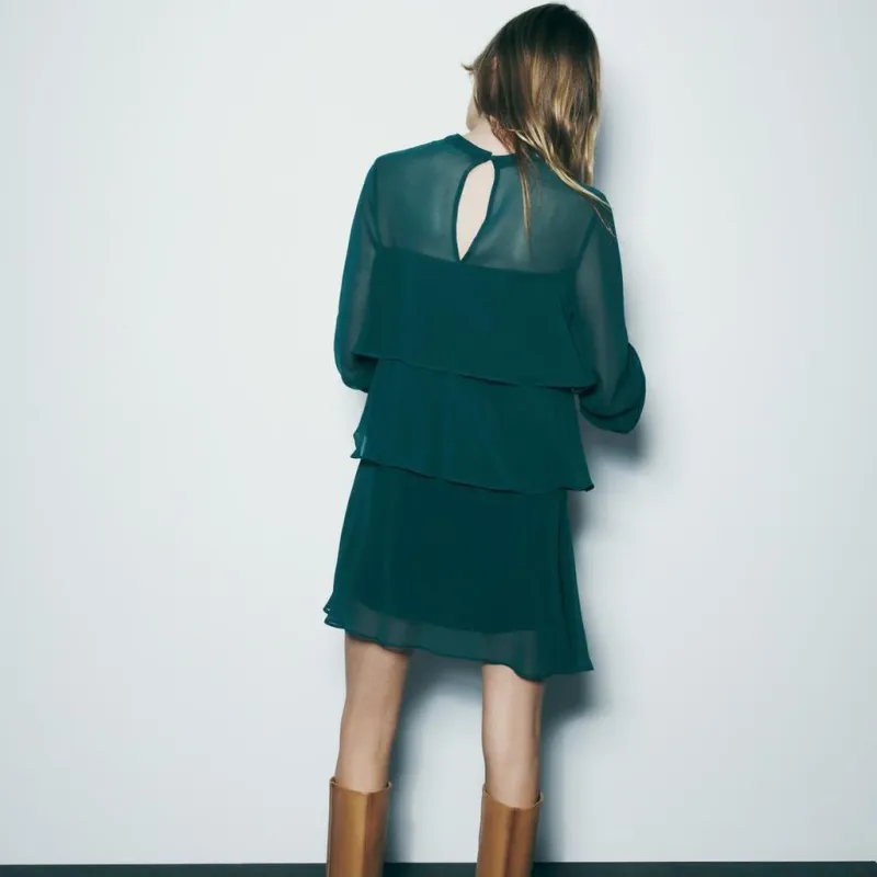 ZARA Long-Sleeved Dresses Women's Green Blue-1