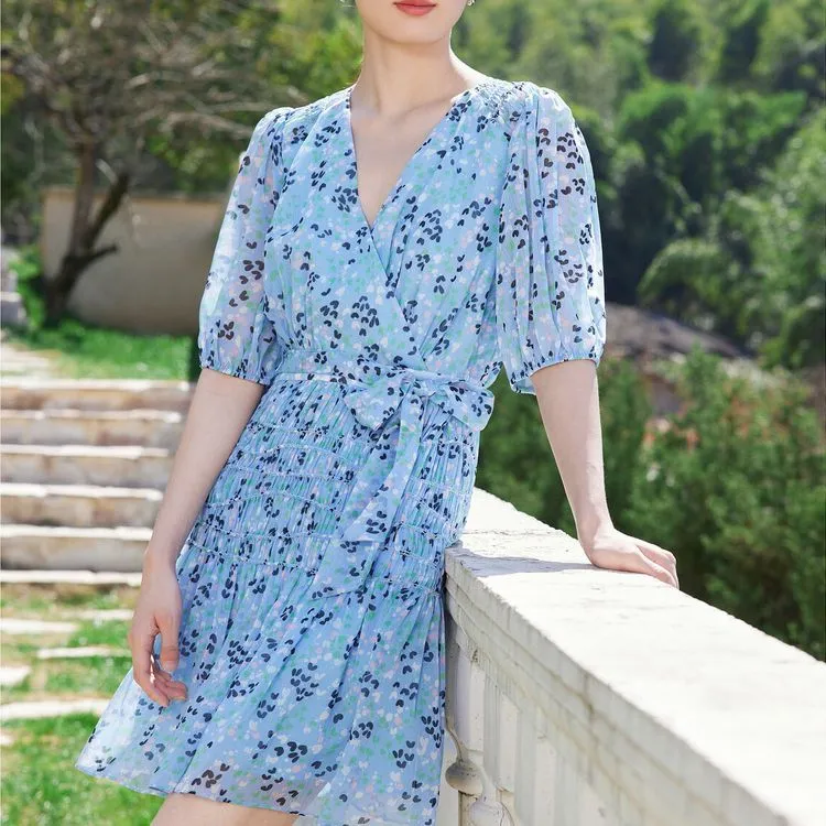 JZ Juzui Short Sleeved Dress Women's Light Pattern Blue-1