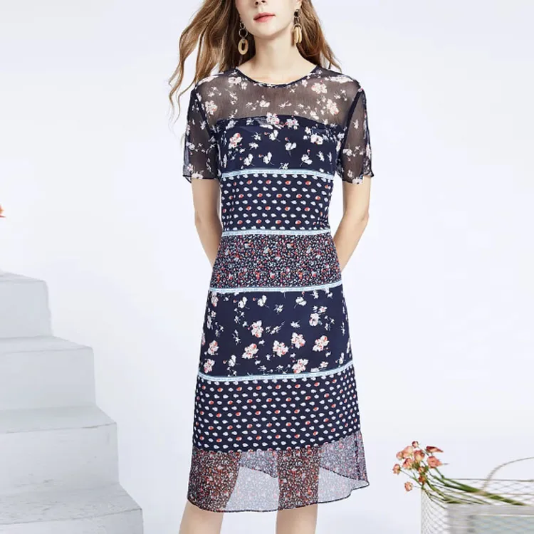 FINITY Short Sleeved Dresses Women's Navy Blue With Print-2