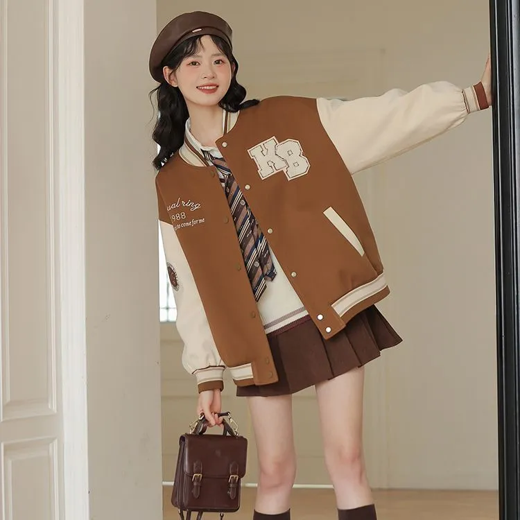 Linjou Fall 2023 Baseball Jacket Women's Caramel-5