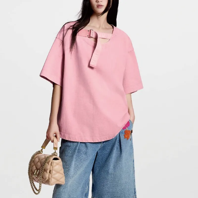 LOUIS VUITTON Solid Color Loose Fit Crew Neck Short Sleeved T Shirt Women's Pink-3