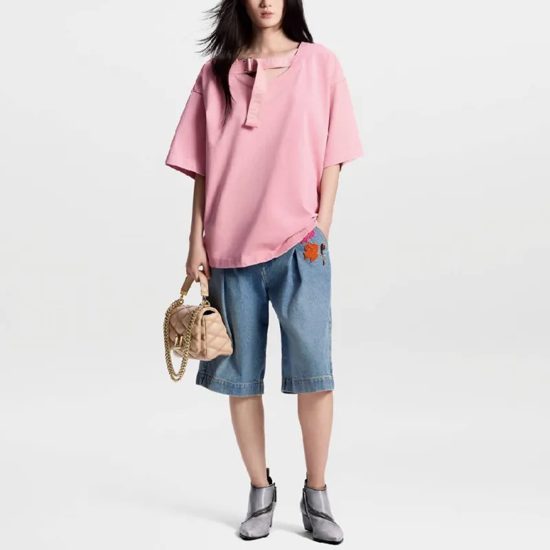LOUIS VUITTON Solid Color Loose Fit Crew Neck Short Sleeved T Shirt Women's Pink-1