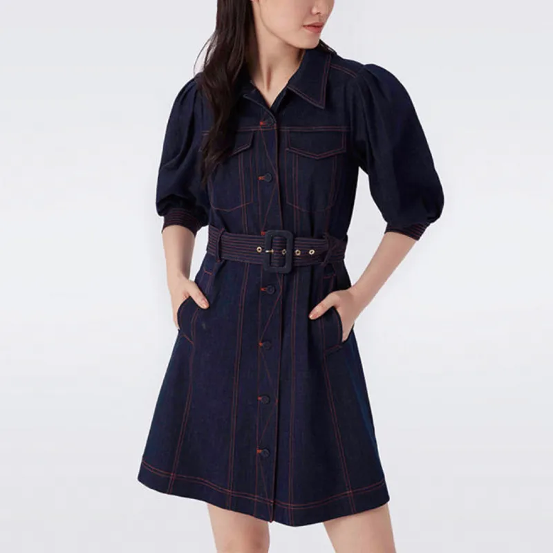 DVF Diane Von Furstenberg Long-Sleeved Dresses Women's Denim Blue-4