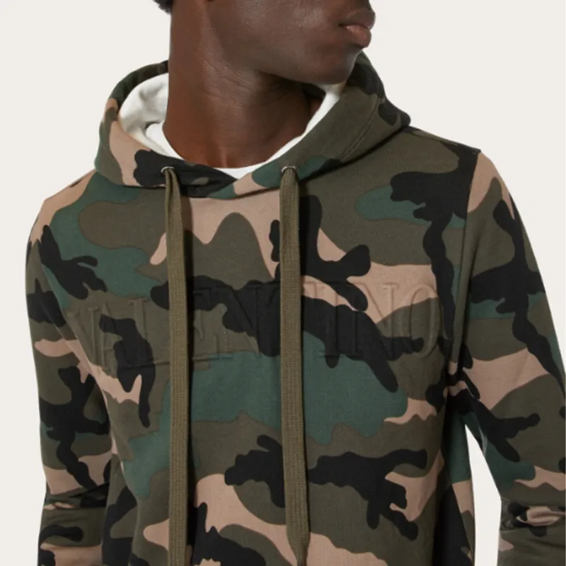 Valentino Logo Embossed Camouflage Drawstring Hoodie-5