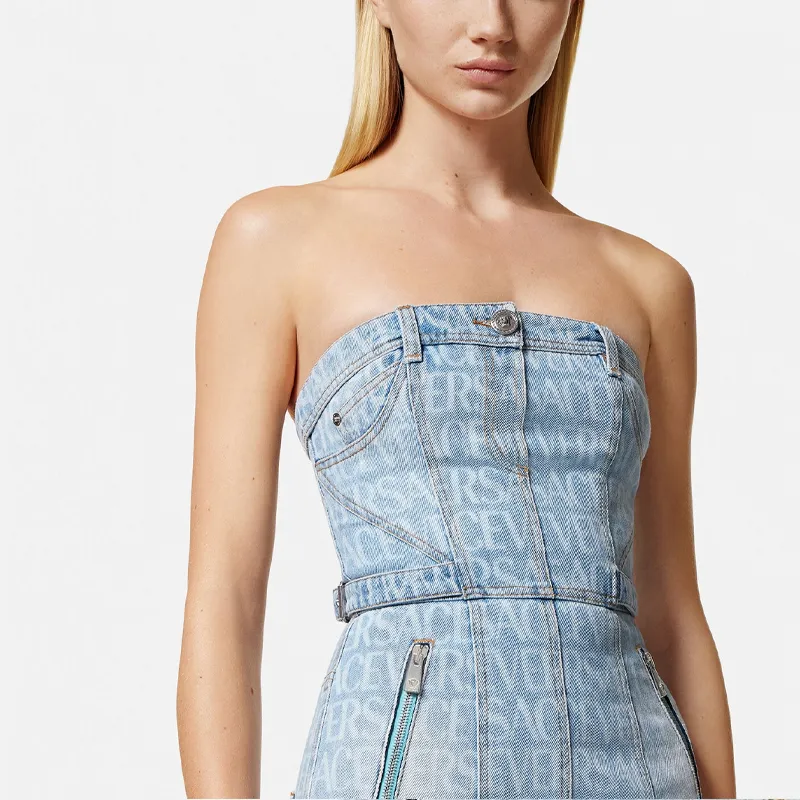 VERSACE All Over Denim Mini Dress 'Light Blue'-6